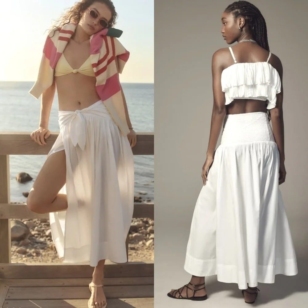 Anthropologie Poplin Tie Front Side Slit Midi Skirt in White Sz 1X NWT